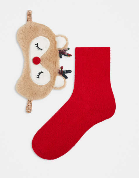 Brave Soul novelty fluffy reindeer bed socks and eye mask in red and tan - view 1