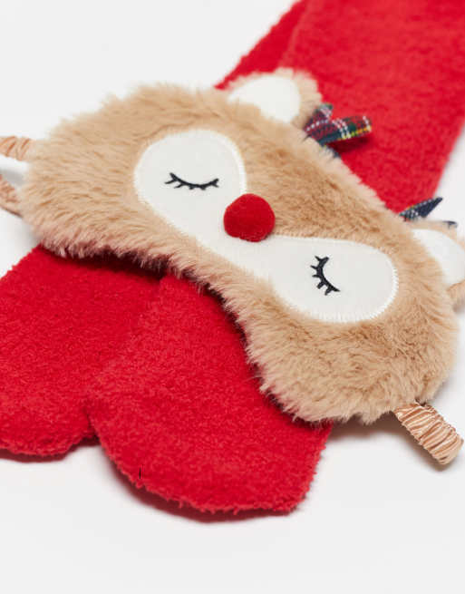 Brave Soul novelty fluffy reindeer bed socks and eye mask in red and tan, 2 of 3