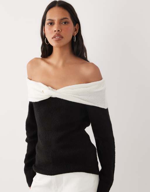 Brave Soul off shoulder jumper in black with cream bardot detail, 2 of 4