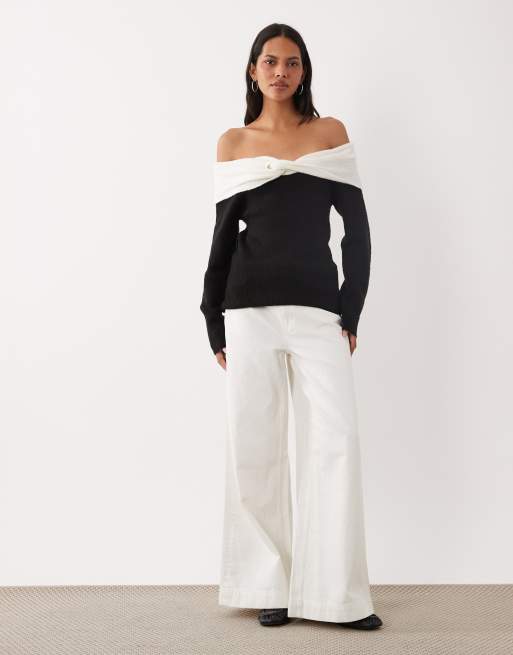 Brave Soul off shoulder jumper in black with cream bardot detail, 3 of 4