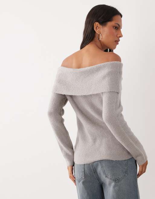 Brave Soul off shoulder jumper in grey with bardot detail, 4 of 4