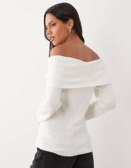 Brave Soul off shoulder sweater in cream with bardot detail, 4 of 4