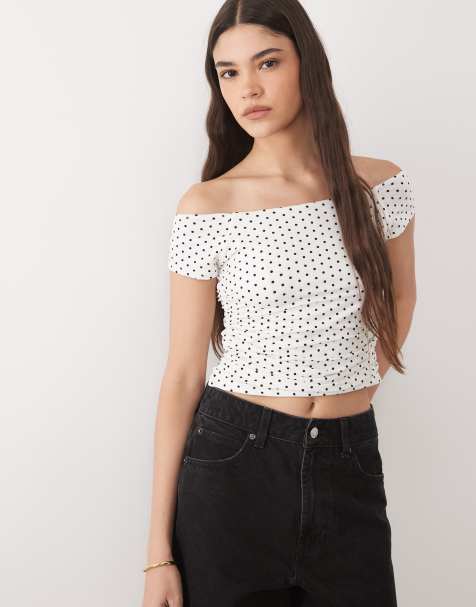 Brave Soul off shoulder top in white polka dot print - view 1