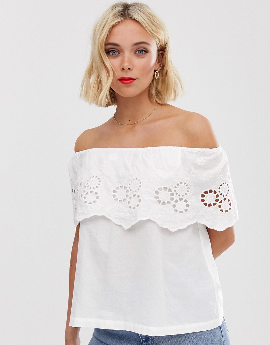 Brave Soul off shoulder top with broderie frill detail-White