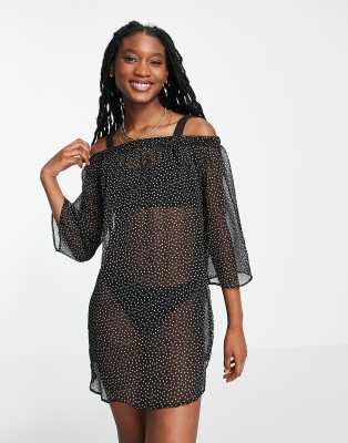 Brave Soul Brave Soul off the shoulder beach dress in black polka dot