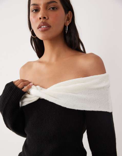 Brave Soul off the shoulder sweater in black with cream off the shoulder detailing - view 1