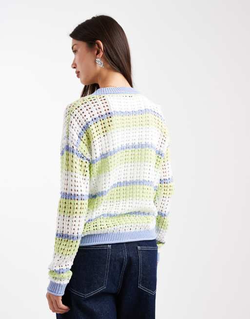 Brave Soul – Offenmaschige Strickjacke mit blauen Streifen, 3 von 4