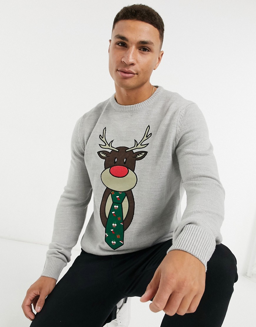 Brave Soul office reindeer Christmas sweater-Grey