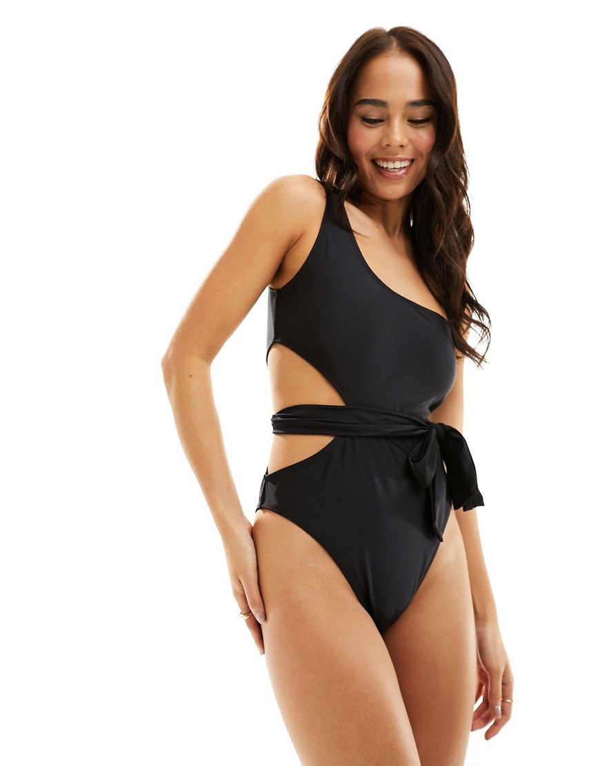 Brave Soul one shoulder cut out swimsuit with removable belt in black