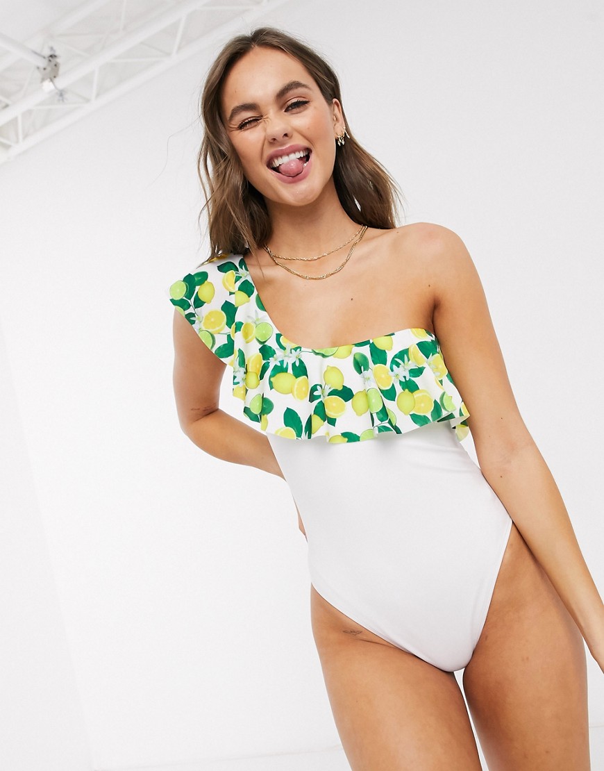 Brave Soul one shoulder swimsuit with printed frill-White