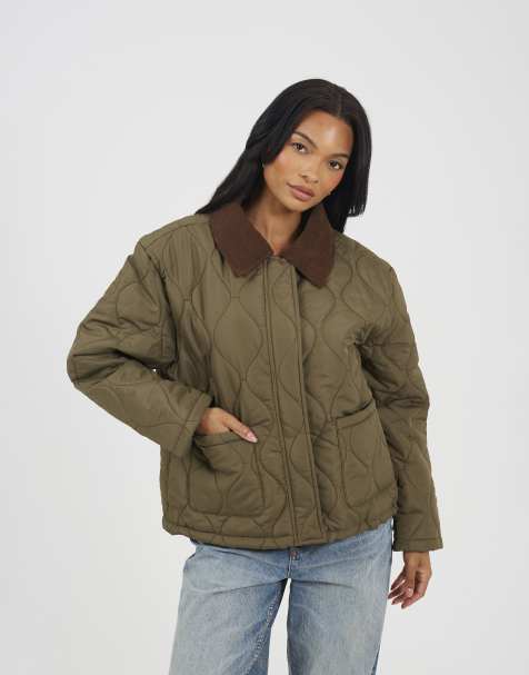 Brave Soul Onion quilted jacket with corduroy collar in khaki - view 1