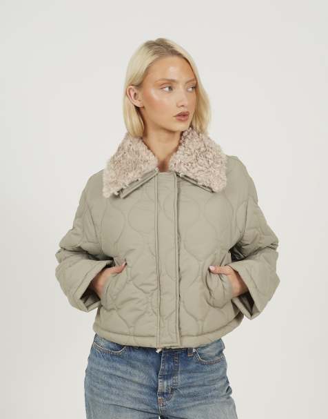 Brave Soul Onion qulited jacket with faux fur collar in pale green