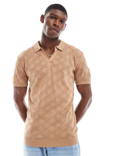 Brave Soul Open collar knitted polo shirt in light tan - view 1