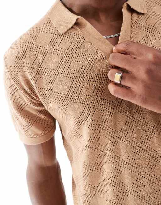 Brave Soul Open collar knitted polo shirt in light tan, 3 of 4