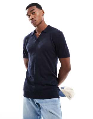 Brave Soul Open collar knitted polo shirt in navy - view 1