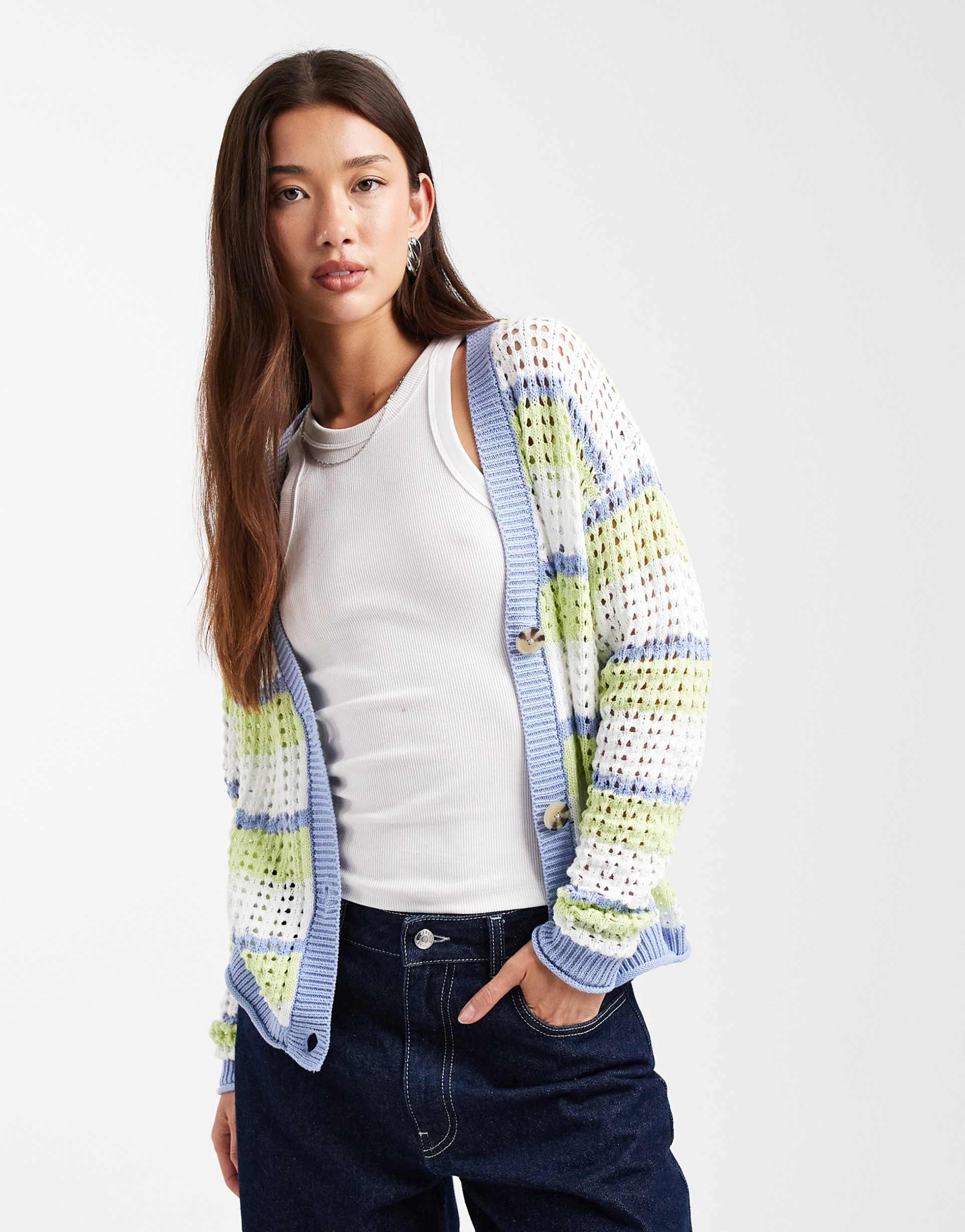 brave soul open knit cardigan in blue stripe