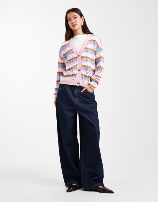 Brave Soul open knit cardigan in pink stripe, 2 of 4