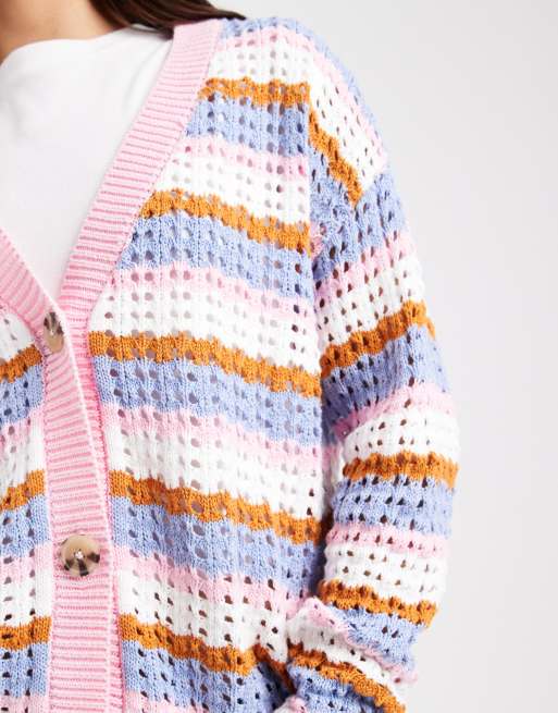 Brave Soul open knit cardigan in pink stripe, 3 of 4