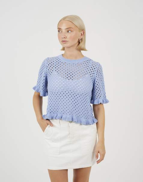 Brave Soul Open knit t shirt with frill hem in blue