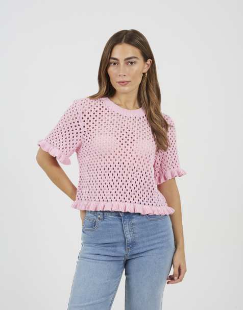 Brave Soul Open knit t shirt with frill hem in pink