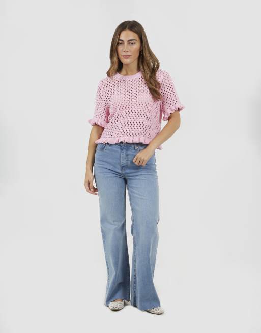Brave Soul Open knit t shirt with frill hem in pink, 2 of 4