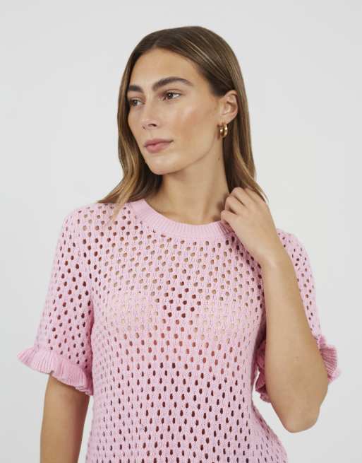 Brave Soul Open knit t shirt with frill hem in pink, 3 of 4