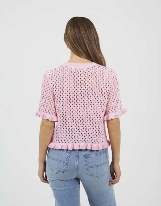 Brave Soul Open knit t shirt with frill hem in pink, 4 of 4
