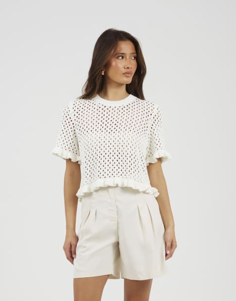 Brave Soul Open knit t shirt with frill hem in white - view 1