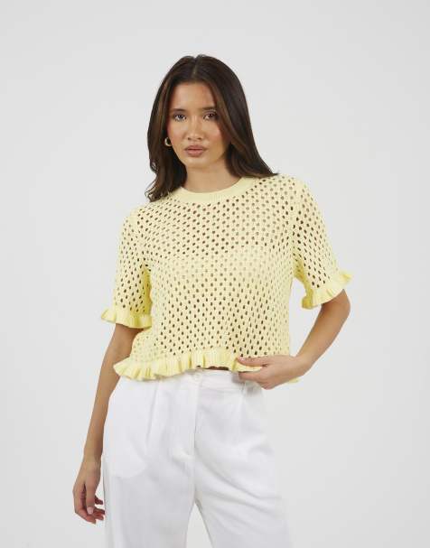 Brave Soul Open knit t shirt with frill hem in yellow