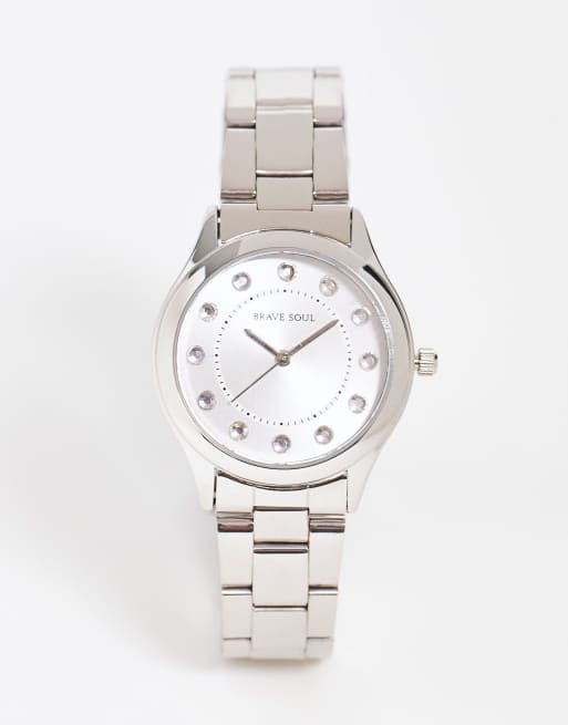 Brave Soul - Orologio con bracciale in acciaio inossidabile color argento con quadrante con strass