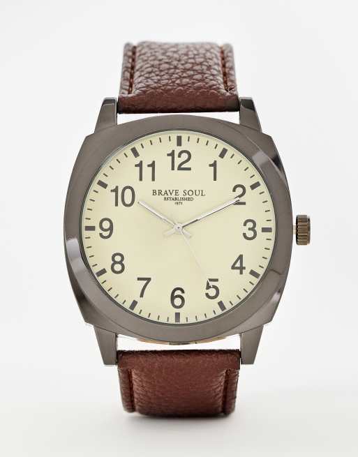 Brave Soul - Orologio da uomo con quadrante con numeri, colore cuoio e grigio piombo