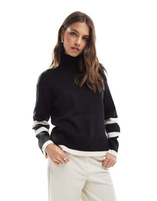 Brave Soul - Oversize-Pullover in Schwarz mit Rollkragen und Streifendetails