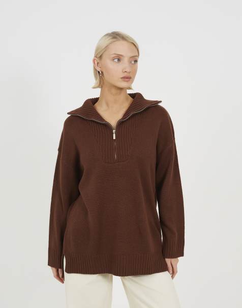 Brave Soul Oversized 1/2 zip knitted jumper in chocolate - view 1
