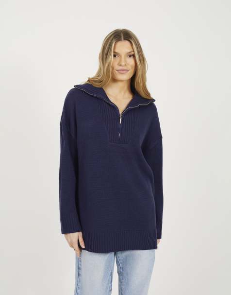 Brave Soul Oversized 1/2 zip knitted jumper in navy - view 1