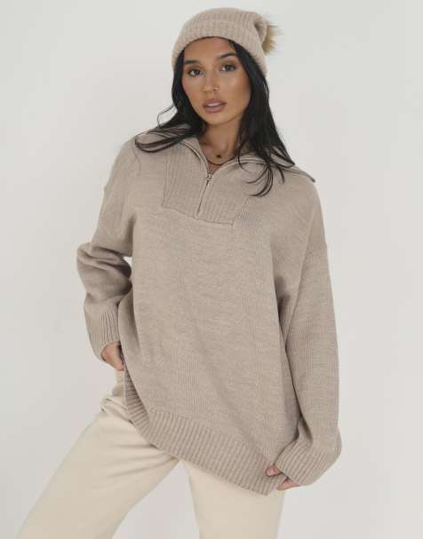 Brave Soul Oversized 1/2 zip knitted jumper in stone - view 1