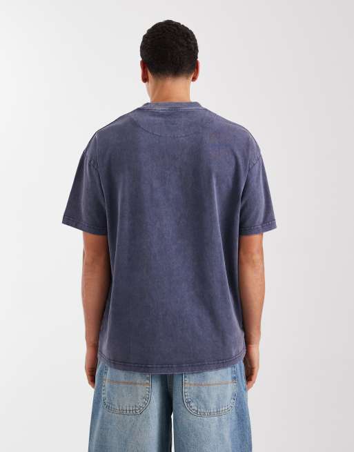 Brave Soul oversized 240gsm acid wash t-shirt in dark blue, 3 of 5