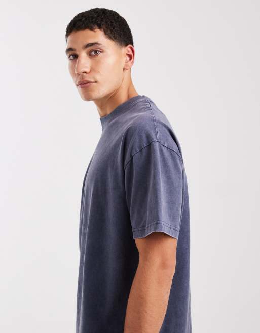 Brave Soul oversized 240gsm acid wash t-shirt in dark blue, 4 of 5