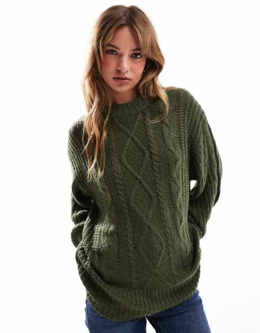 Brave Soul oversized cable knit sweater in dark green