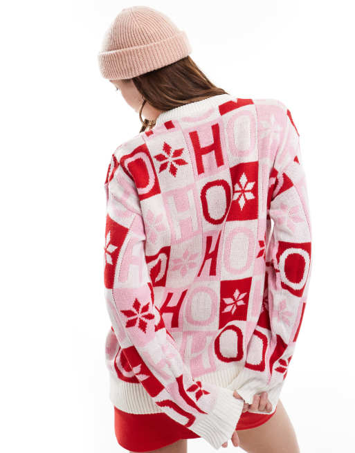 Brave Soul oversized christmas jumper in pink and red , 4 of 4