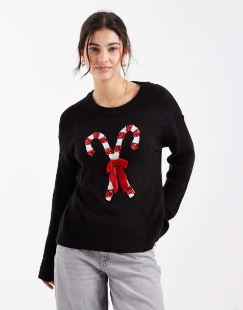 Brave Soul oversized Christmas jumper with sequin candy cane detail in black - view 1