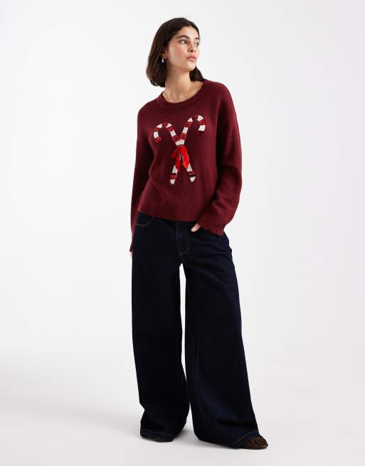 Brave Soul oversized Christmas jumper with sequin candy cane detail in burgundy, 2 of 4
