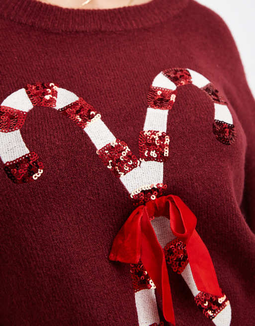 Brave Soul oversized Christmas jumper with sequin candy cane detail in burgundy, 3 of 4