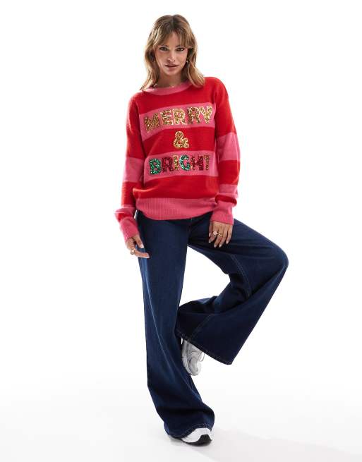 Brave Soul oversized christmas jumper with sequins in pink and red stripe, 2 of 4