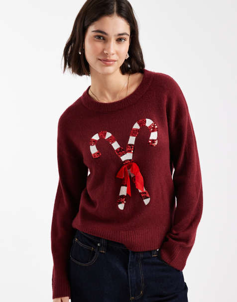 Brave Soul oversized Christmas sweater with sequin candy cane detail in burgundy - view 1