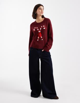 Brave Soul Oversized Christmas Sweater With Sequin Candy Cane Detail In Red