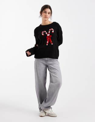 Brave Soul Oversized Christmas Sweater With Sequined Candy Cane Detailing In Black