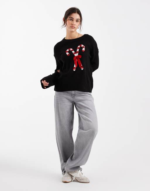 Brave Soul oversized Christmas sweater with sequined candy cane detailing in black, 2 of 4