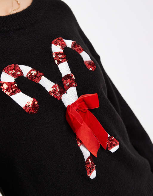 Brave Soul oversized Christmas sweater with sequined candy cane detailing in black, 3 of 4