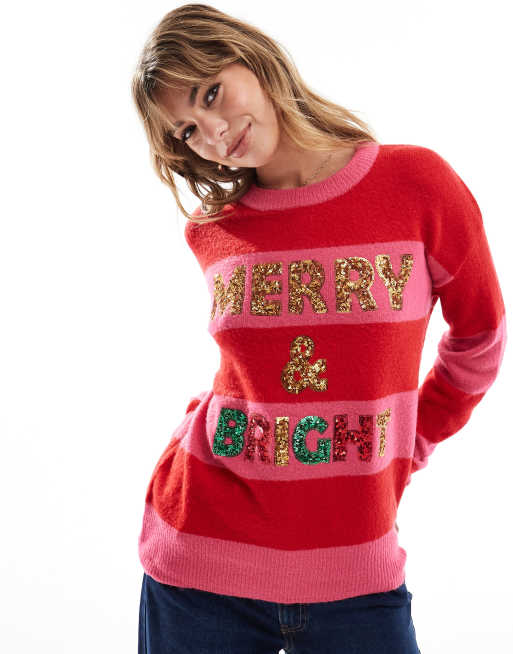 Brave Soul oversized Christmas sweater with sequins in pink and red stripe