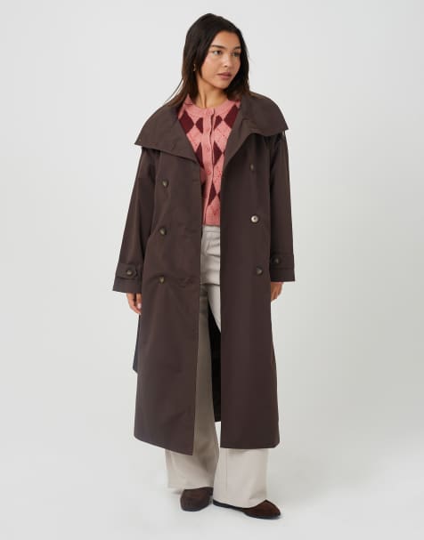 Brave Soul Oversized collar maxi double breasted mac in chocolate - view 1